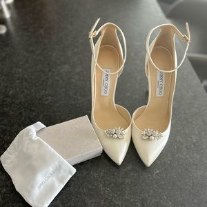 Jimmy Choo white satin heels! Never worn before! Jewel clips included!